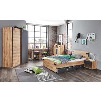 JUGENDZIMMER Liverpool in Plankeneiche und Graphit 7 teilig mit 90er Bett und Schwebetürenschrank - Braun, Holzwerkstoff (120/200/80cm)