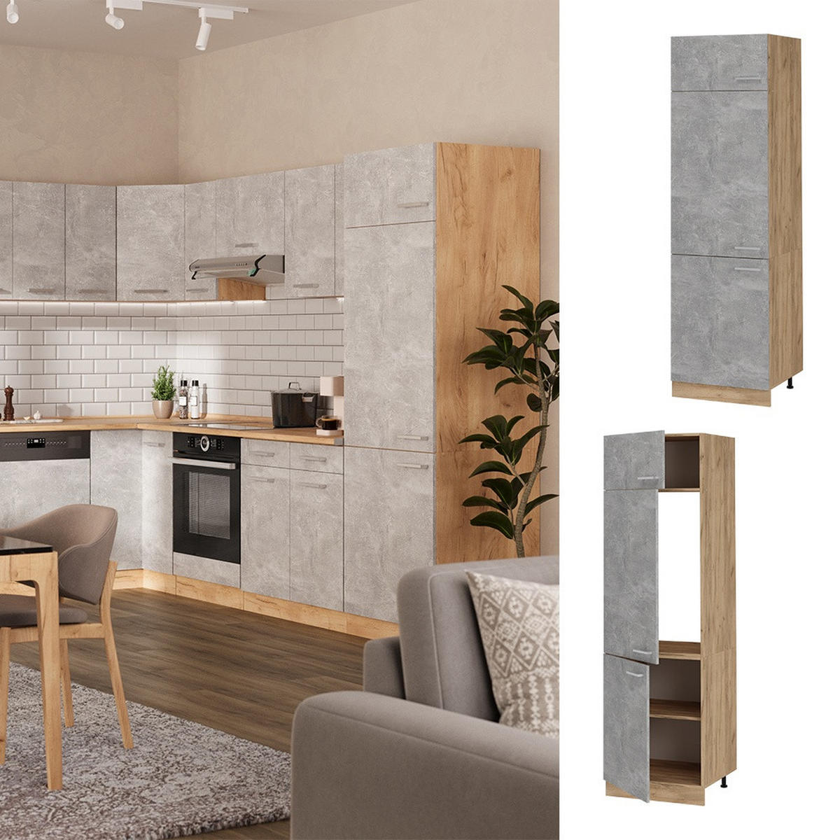 DULAP FRIGIDER R-Line beton 60 cm - stejar miere/gri, compozit lemnos (60/206.8/57.2cm) - Vicco