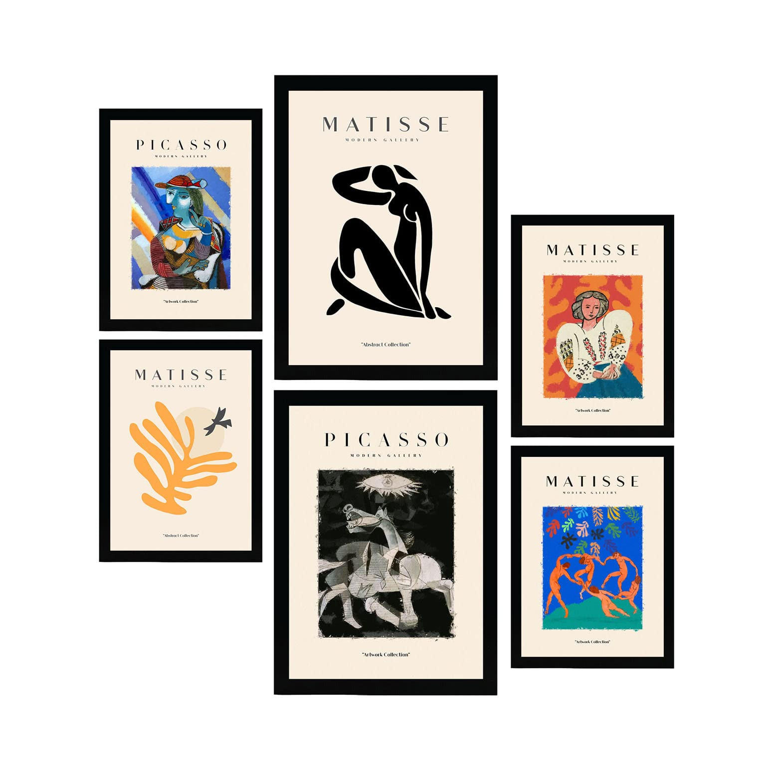 POSTER Set Mit 6 Von Picasso Und Matisse Abstrakte Gemälde Drucke Des Fauvismus Und Surrealismus Für Innenarchitektur A3 & A4 Schwarzer Rahmen - Schwarz, Papier (29/3cm) - Nacnic