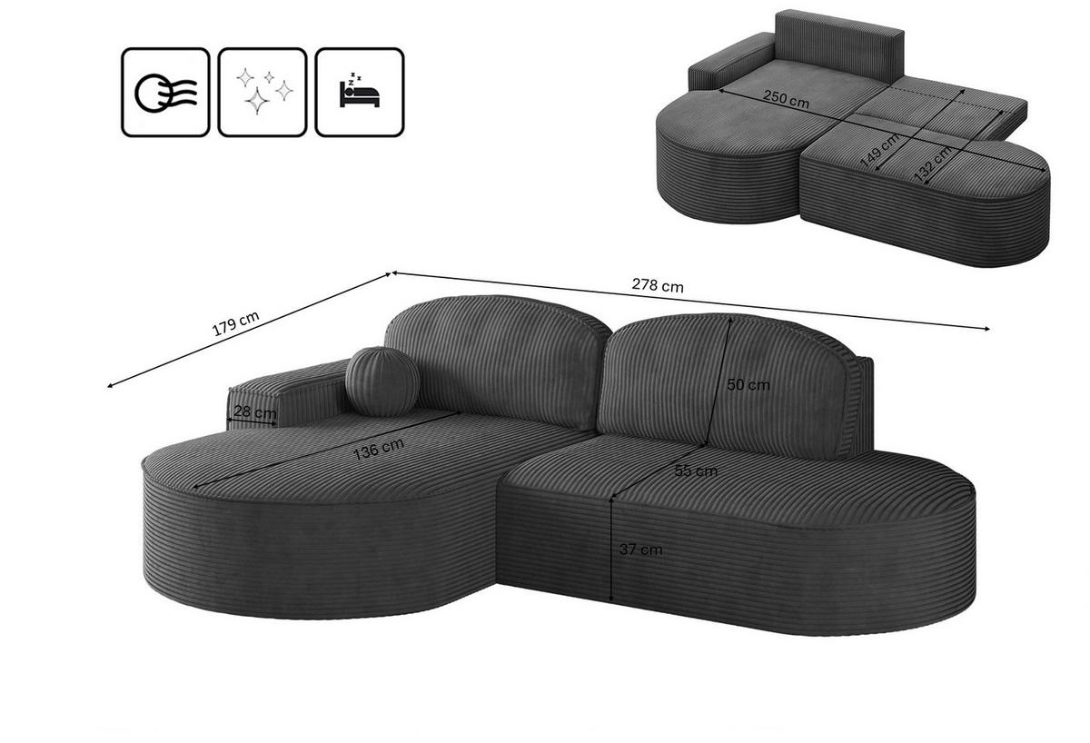 ECKSOFA mit Schlaffunktion und Bettkasten Modena Runden stoff Poso Graphit Links - Graphitfarben, Holz/Textil (179/278cm) - Kaiser Möbel