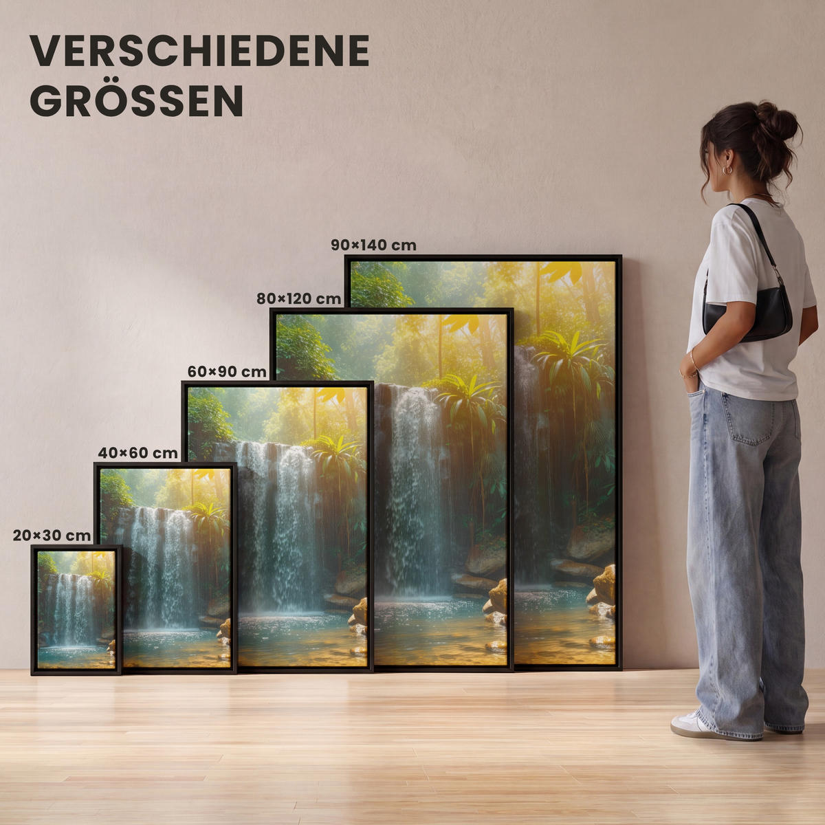 LEINWAND Bilder mit Rahmen - Wasserfall - Dschungel - Sonne - Grün - Natur - 80x120 - Grün, Textil (80/120cm) - MuchoWow