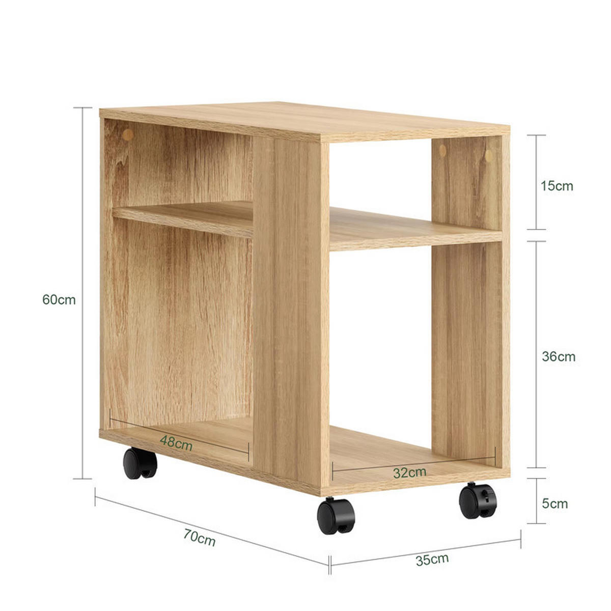 COUCHTISCH mit Rollen 2 Ebenen 70x35x60 cm Ablagefach - Naturfarben, Holz (35/70/60cm) - Kaket