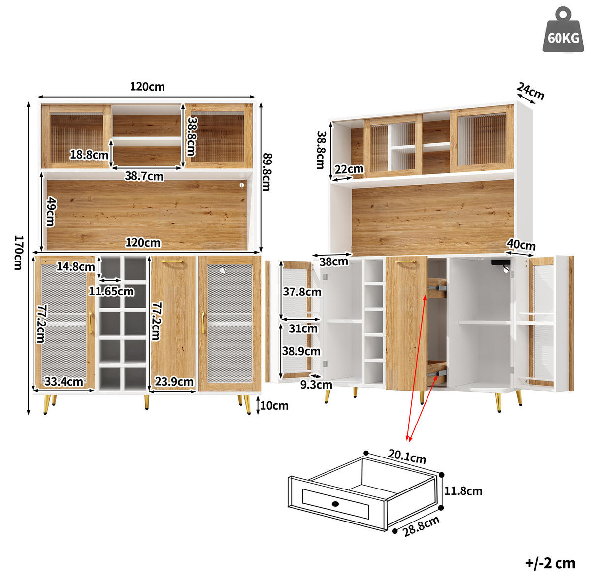 BUFFETSCHRANK mit LED und Weinregal 120 x 40 x 170 cm Weiß Holzoptik - Weiß, Holzwerkstoff (40/170/120cm) - Meubliv