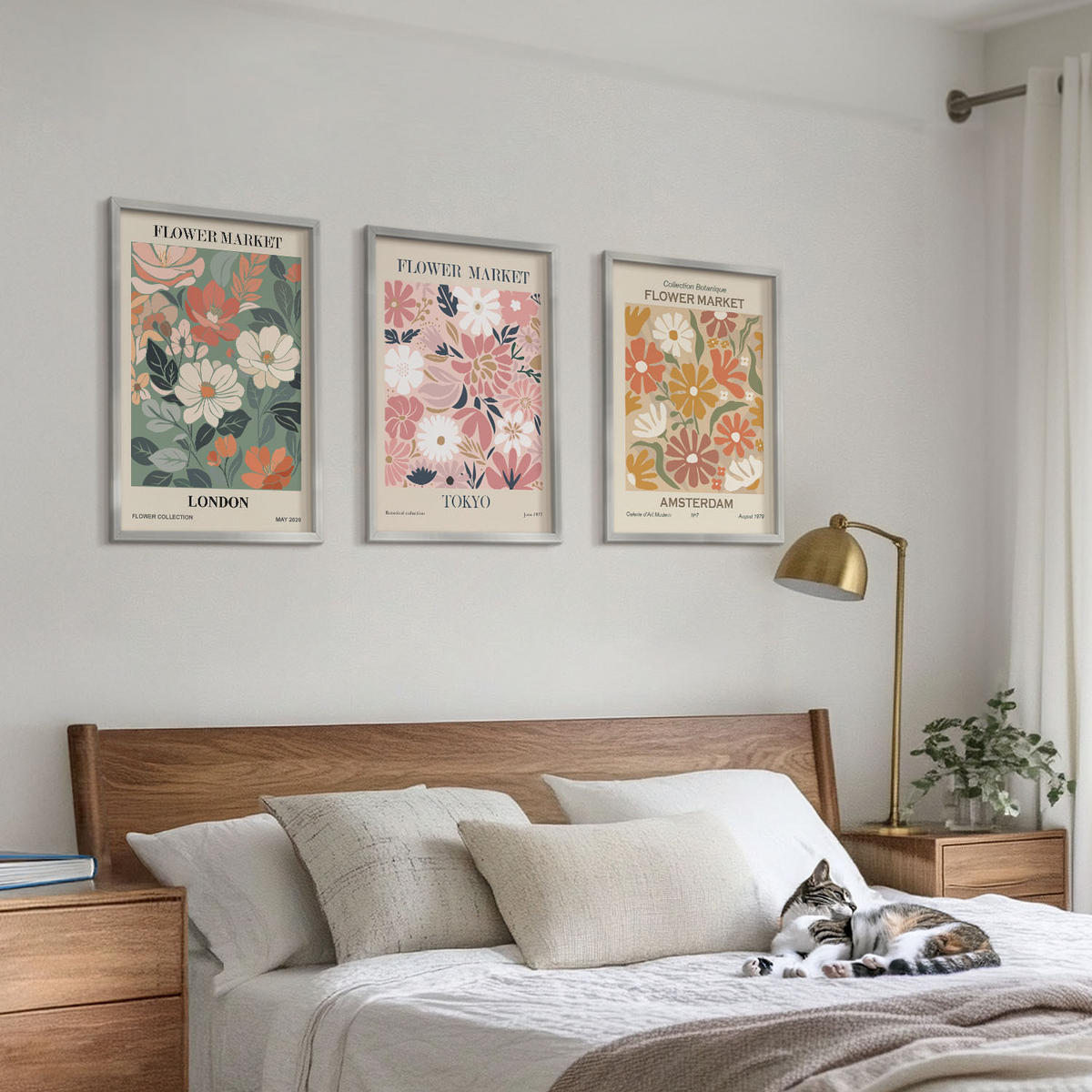 BILDER SET 3er Set - 40x60 cm Silberner Rahmen - Blumenmuster London Tokio Amsterdam - Silberfarben, Kunststoff (40/60cm) - TULUP