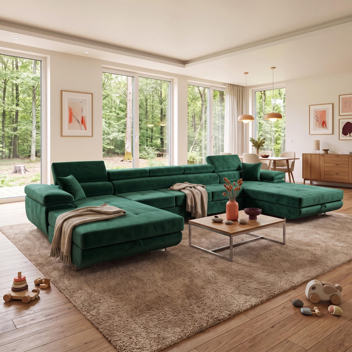ECKSOFA U-Form ALONZO MAXI U mit Schlaffunktion 125x318 Velours Grün - Silberfarben/Grün, Holz/Textil (400/90/203cm) - Muffo