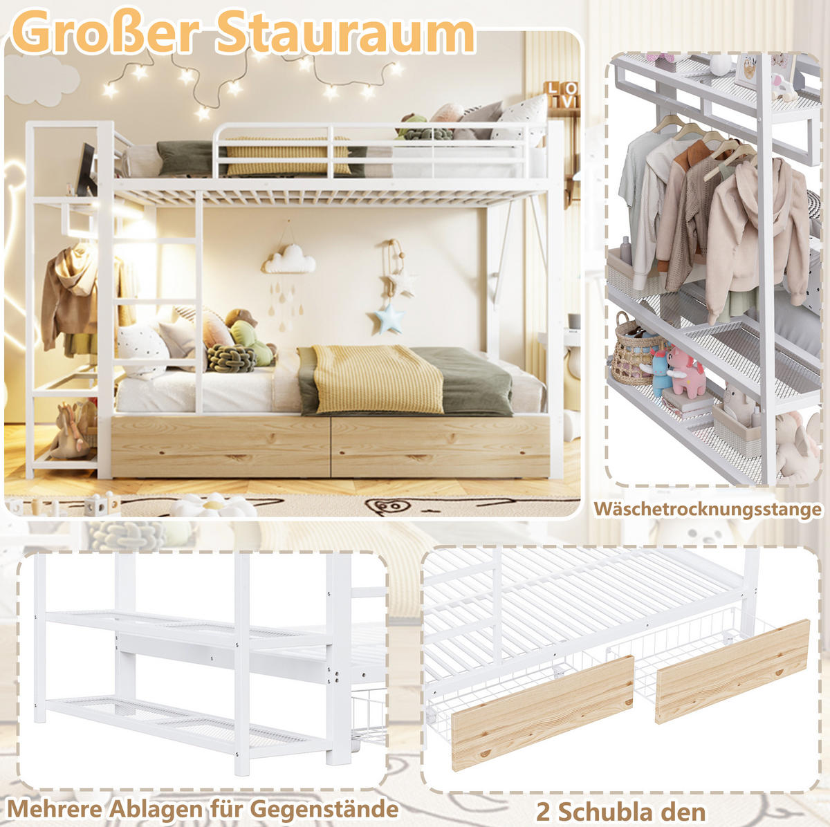 ETAGENBETT aus Metall und MDF 140x200 cm Weiß mit LED-Lichtleiste, 2 Schubladen, Regalen und Kleiderstange - Weiß, Metall (140/200cm) - Modfu