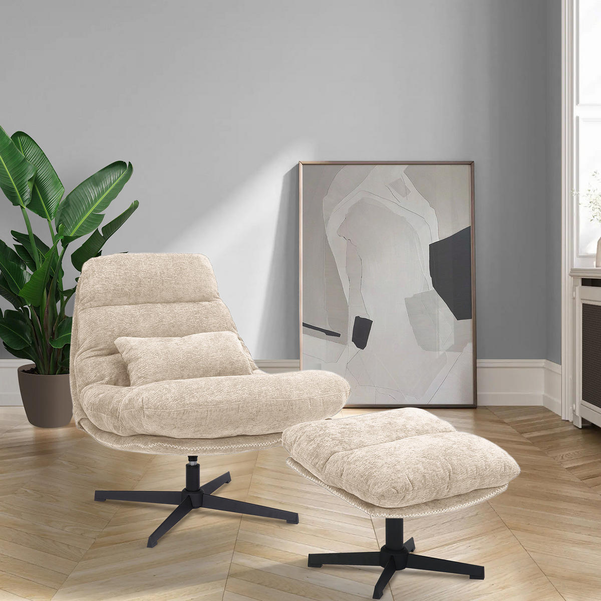 RELAXSESSEL - Chenille - Beige/Schwarz, Textil (84/88/94cm) - home24