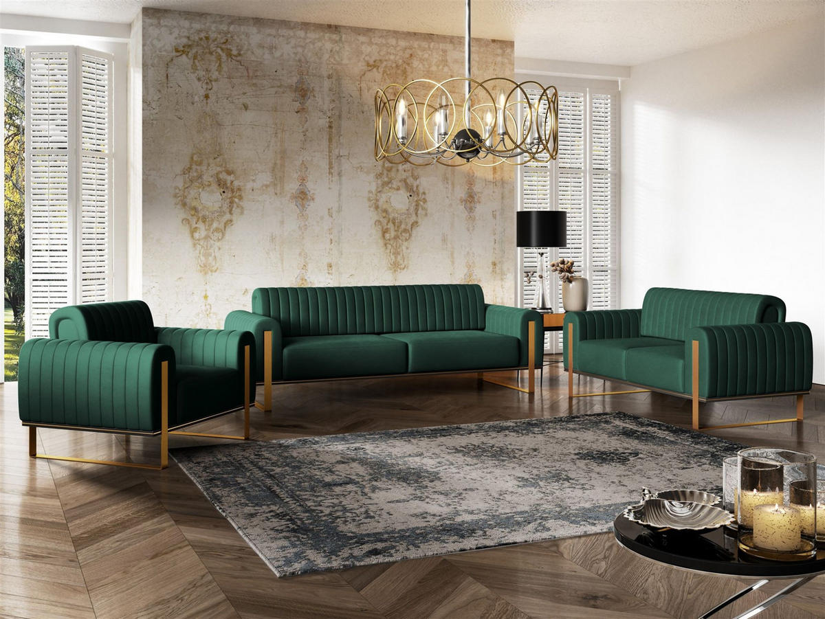 SOFASET Valerie 3-2-1 - Grün, Holzwerkstoff/Textil (228/79/90cm) - Fun Möbel