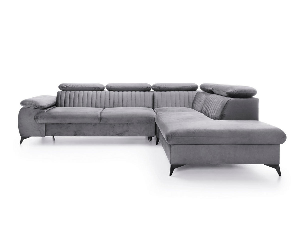 ECKSOFA FIORE Grau Velours-Stoff mit Schlaffunktion - Grau, Holz (275/221cm) - MASSENO