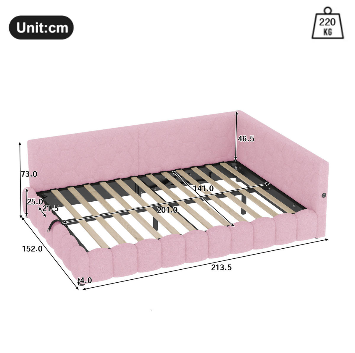DENNÍ postel 140/200 cm růžová z veluru a MDF s LED osvětlením a úložným prostorem - růžová, textil (140/200cm) - OKWISH