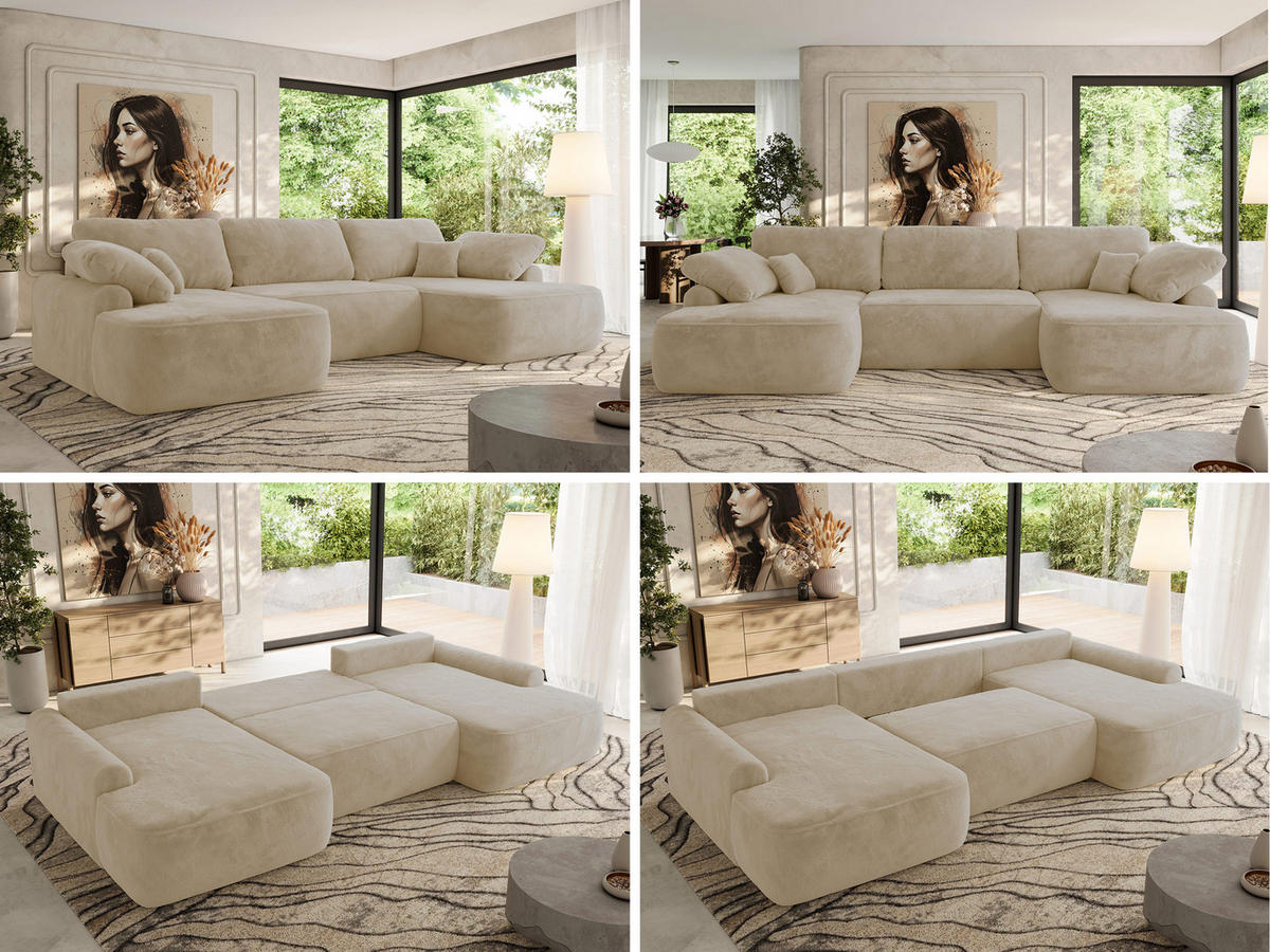 WOHNLANDSCHAFT CUBO U Creme Plüsch - Creme/Schwarz, Kunststoff/Textil (370/100/187cm) - MKS