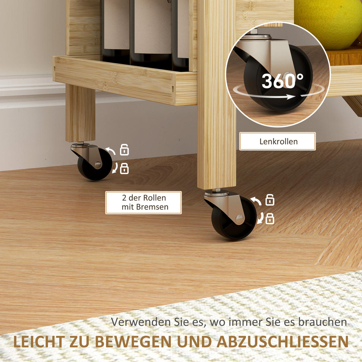 KÜCHENWAGEN mit Weinregal, 66 x 40 x 70 cm, Natur - Naturfarben, Naturmaterialien (66/70/40cm) - HOMCOM