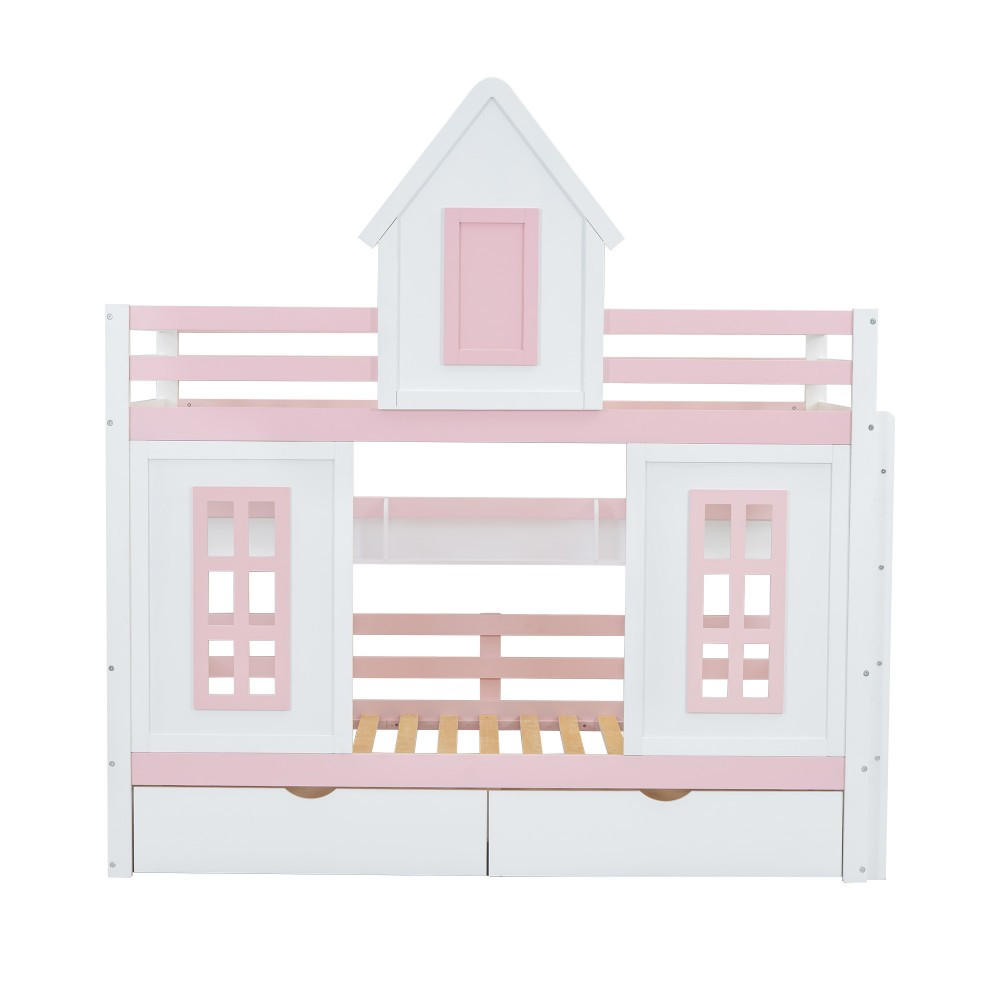 ETAGENBETT 90x200cm in Weiß+Rosa mit Dach und Fenster - Pink, Holz (90/200cm) - KOMHTOM
