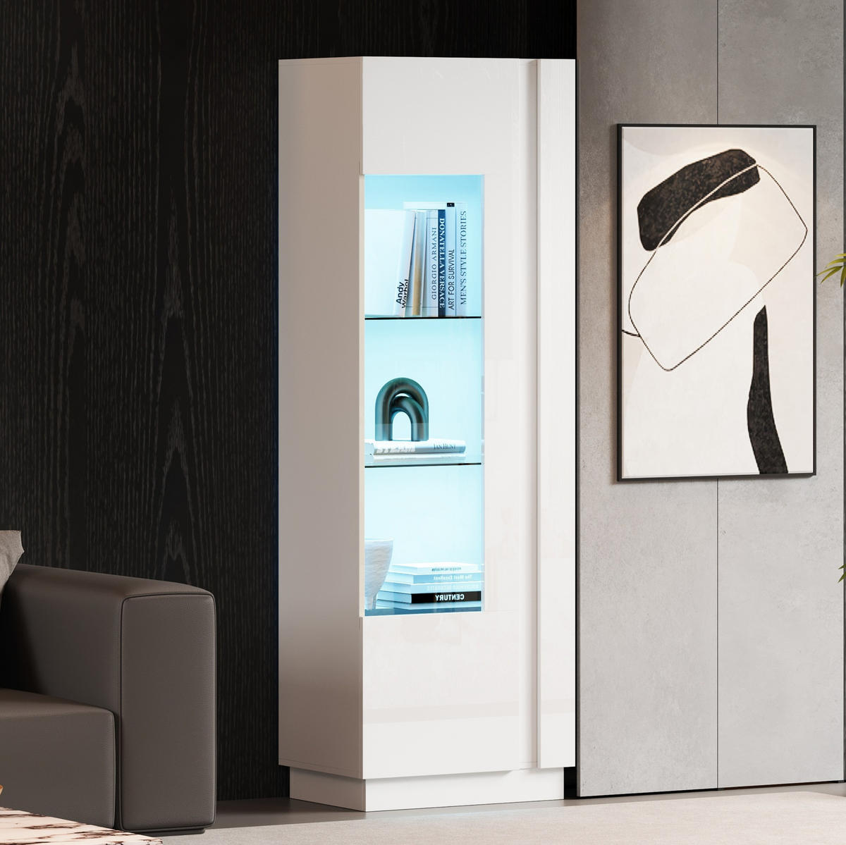 VITRINE 60/40/180 cm aus Holzwerkstoff mit Acrylfront, LED-Beleuchtung und Hochglanzfront Weiß - Weiß, Holzwerkstoff (60/180/40cm) - Modenvie