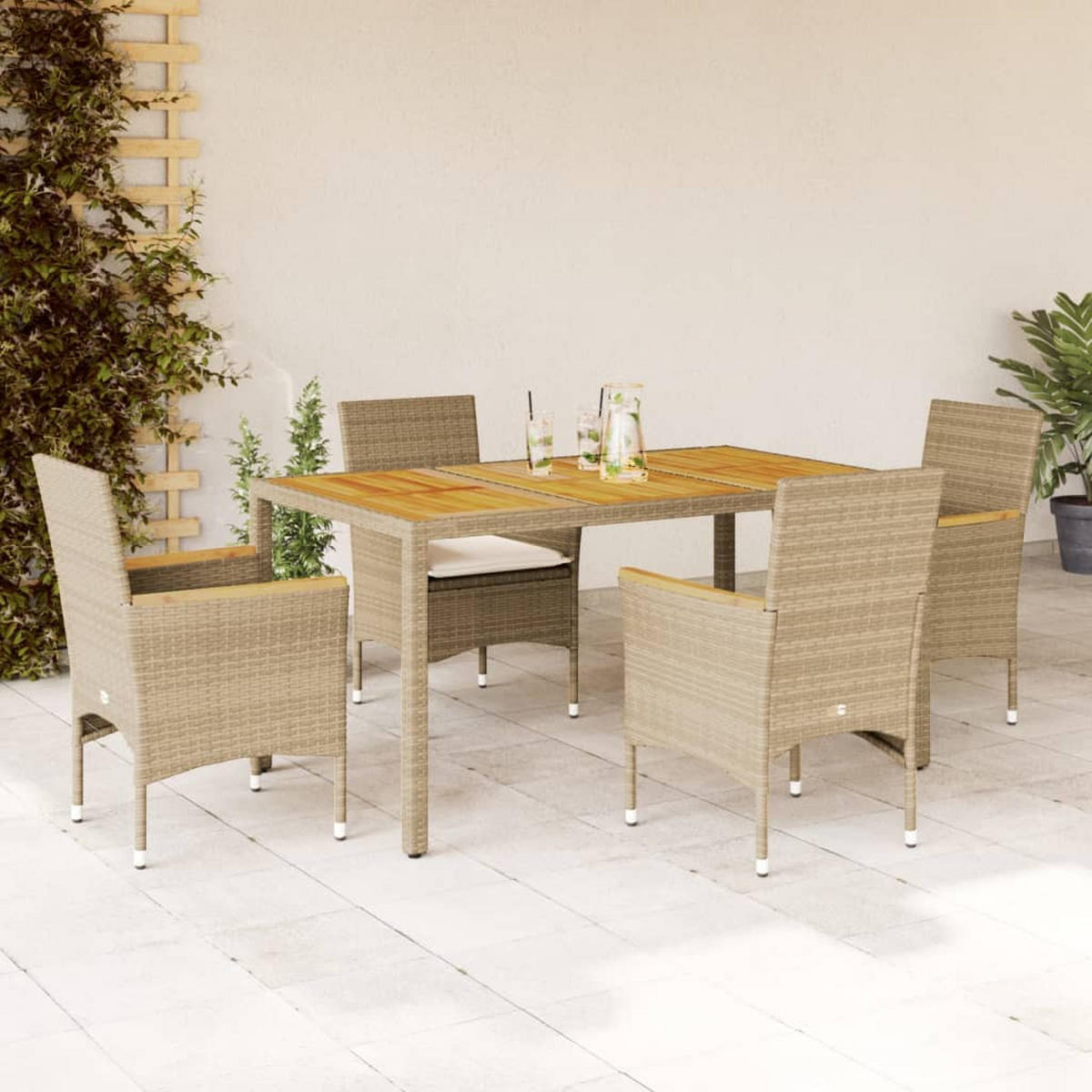 GARTEN-ESSGRUPPE 5-TLG. Mit Kissen Beige Poly Rattan Akazie - Beige/Creme, Kunststoff - vidaXL