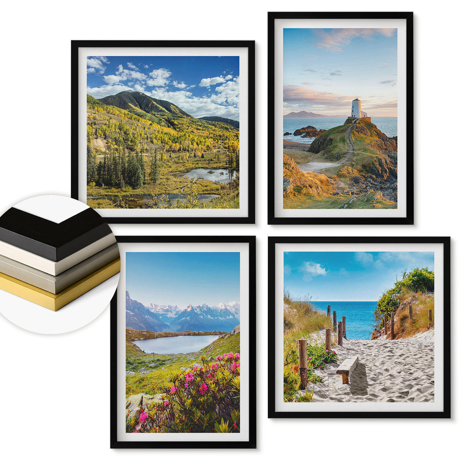 WANDBILDER 4er-Set - 50x50 cm & 40x60 cm Schwarzer Rahmen - Strand, Leuchtturm, Berge, Wiesen, Blumen - Schwarz, Kunststoff (50/50cm) - ArtPrintCave