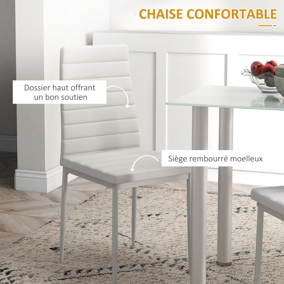 ESSGRUPPE mit 4 Stühlen, Tischplatte aus gehärtetem Glas, Stahlbeine, für Küche oder Wohnzimmer, weiß - Weiß, Metall (120/75/60cm)