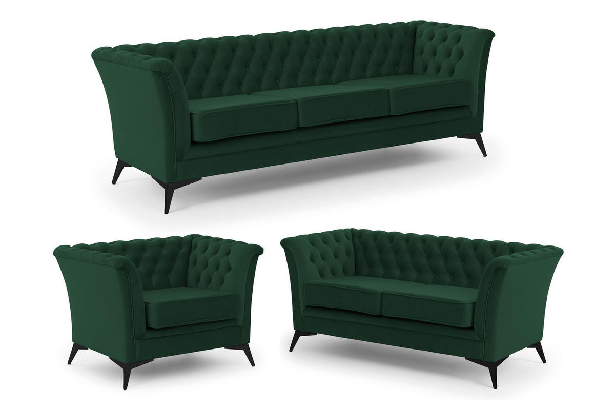 SITZGARNITUR 3+2+1 Chesterfield Whitby Flaschengrün Samt mit schwarzen Füßen - Dunkelgrün/Schwarz, Holz/Textil (237/78/82cm) - S-Style Möbel
