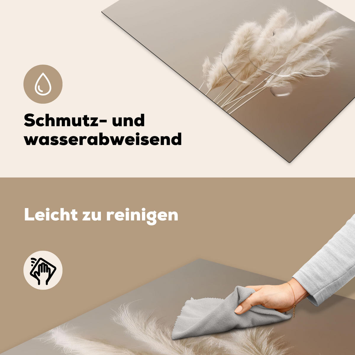 HERDABDECKPLATTE Pampasgras - Federn - Pastell - Weiß 85x52 cm - Creme, Kunststoff (85/0.2/52cm) - MuchoWow