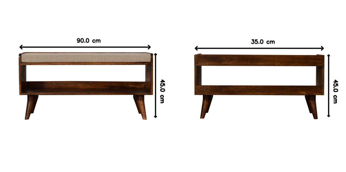 SCHUHBANK Massivholz Mud Leinen Nordic, Gepolsterte Sitzfläche und Offenes Regal zur Aufbewahrung, Dunkelbraun - Beige/Dunkelbraun, Mangoholz/Holz (90/45/34cm) - Artisan Furniture
