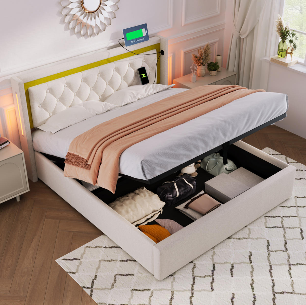 POLSTERBETT mit Bettkasten 160/200 cm mit LED-Beleuchtung, USB/Type-C, inkl. Matratze - Beige, Textil (160/200cm) - BEAOK