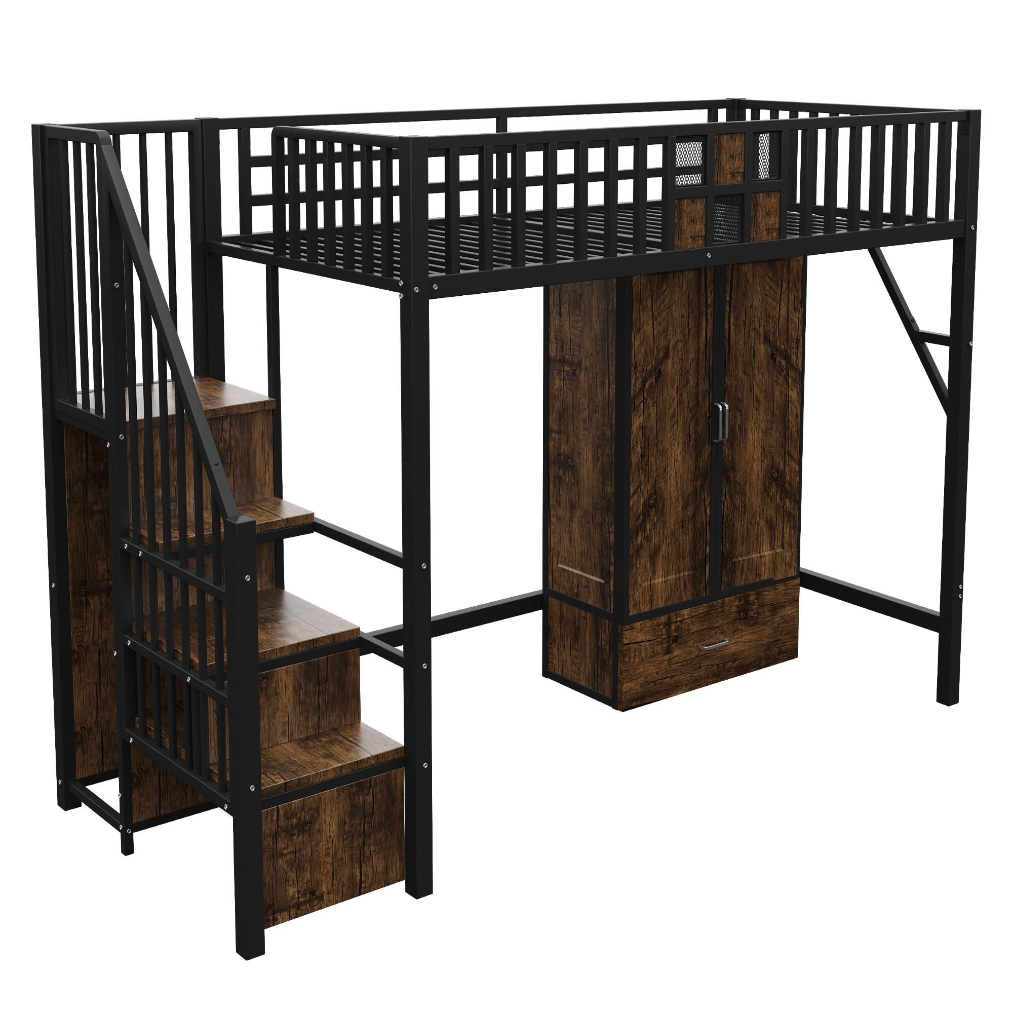 HOCHBETT 90/200 cm DE-01470, in Schwarz, mit Kleiderschrank, Schubladen und Aufbewahrungsleiter - Schwarz, Metall (90/200cm) - ComfortXL