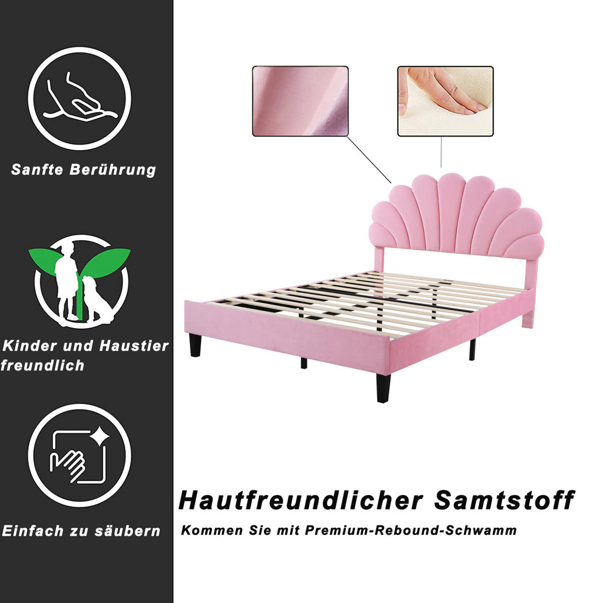 POLSTERBETT 140/200 cm mit Lattenrost und blütenförmigem Kopfteil aus Samt, Rosa - Rosa, Textil (140/200cm) - Redom
