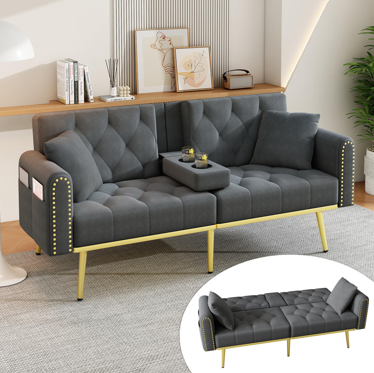SCHLAFSOFA mit Liegefunktion 175 x 80 cm Samt Grau - Grau, Kunststoff (175/73.5/80cm) - Meubliv