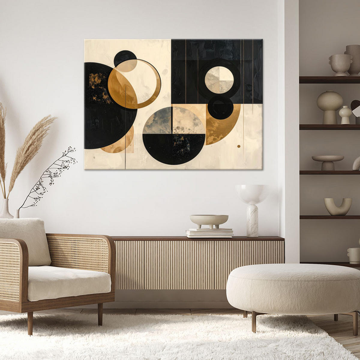 LEINWANDBILD, Geometrische Komposition mit Kreisen in Schwarz Beige und Gold - Beige, Textil (120/80cm) - Feeby