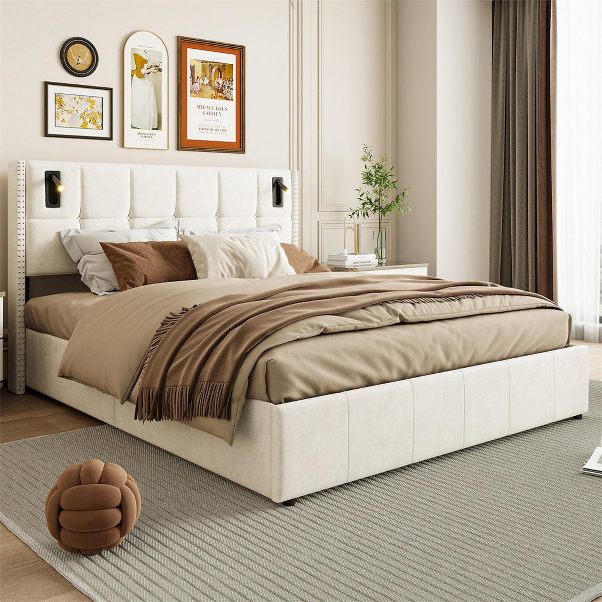 POLSTERBETT 140x200 cm - mit integrierten LED-Leseleuchten und hydraulischer Hebefunktion - ohne Matratze - Beige - Beige, Textil (140/200cm) - DELFA