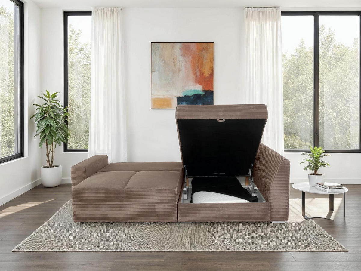 ECKSOFA-DAUERSCHLÄFER Boxspring Federkern Topper Bettkasten, seitenverkehrt montierbar B260/T181/H88 cm, Cord Braun Taupe / 15234 - Taupe/Chromfarben, Textil/Metall (260/181cm) - luma-home