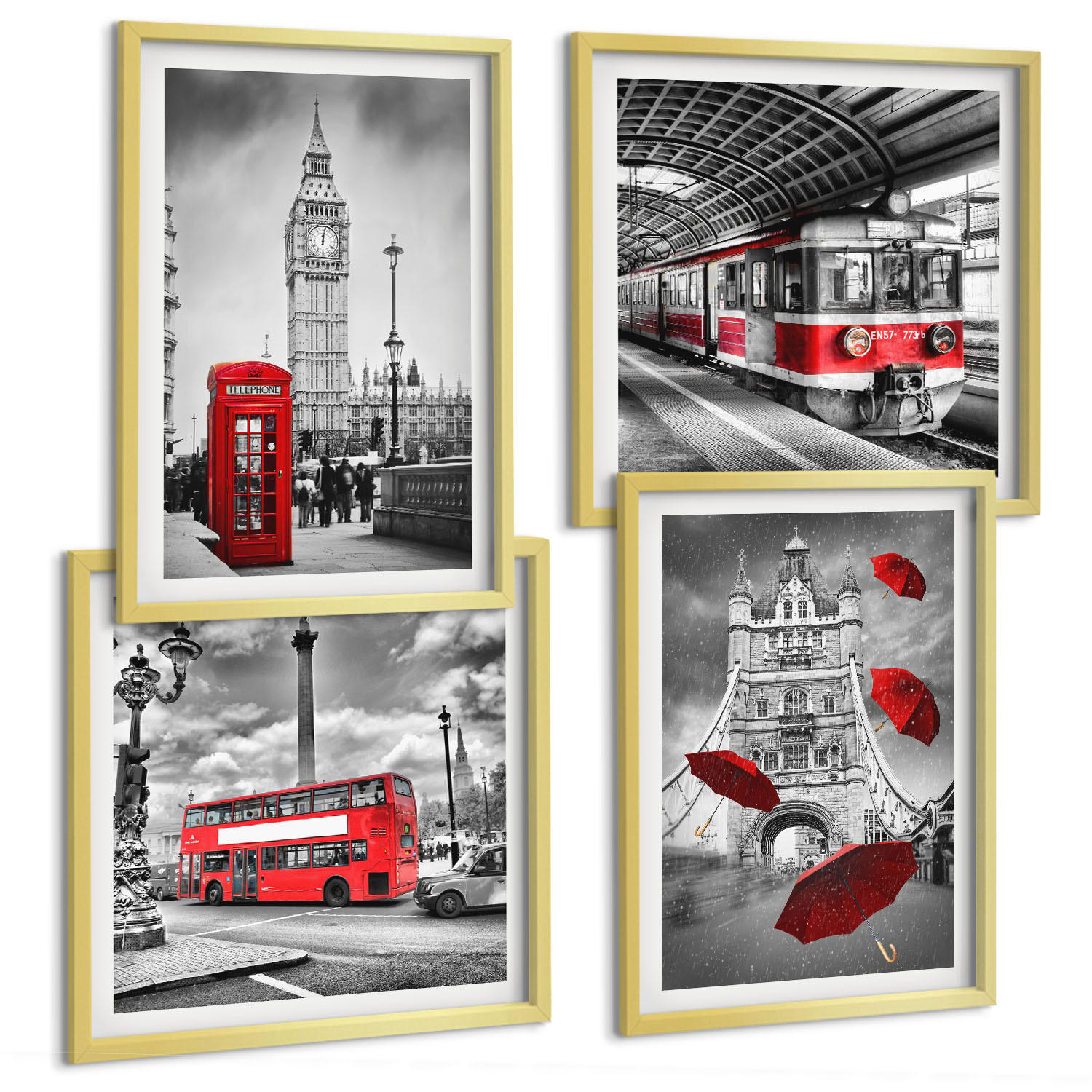 BILDER SET 4er Set - 50x50 cm & 40x60 cm Goldrahmen - Red Accents London - Goldfarben, Kunststoff (50/50cm) - TULUP