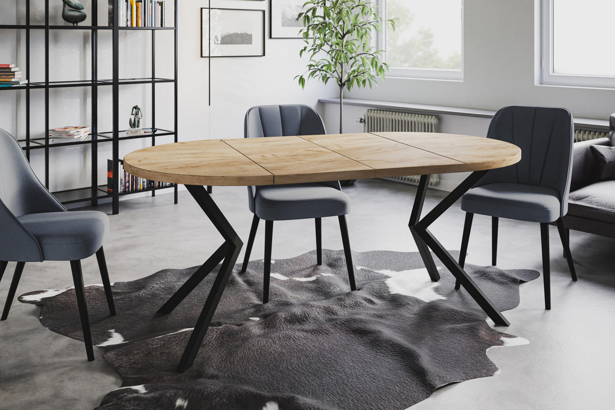 ESSZIMMERTISCH LOFT LITEN, ausziehbarer Tisch 120 cm/200 cm, Farbe: Braun, mit Metallbeinen in Farbe Schwarz - Schwarz/Braun, Holzwerkstoff (120/120/76cm) - Alpi-Möbel