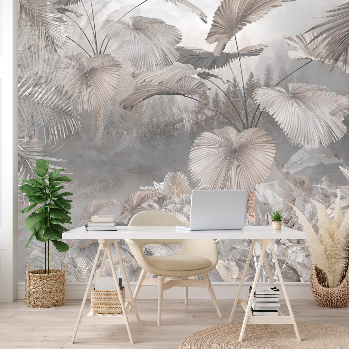 FOTOTAPETE für Wohnzimmer Tropische Blätter Dschungel Palmen Grau 300x210 - Beige/Grau, Papier (300/210cm) - Muralo