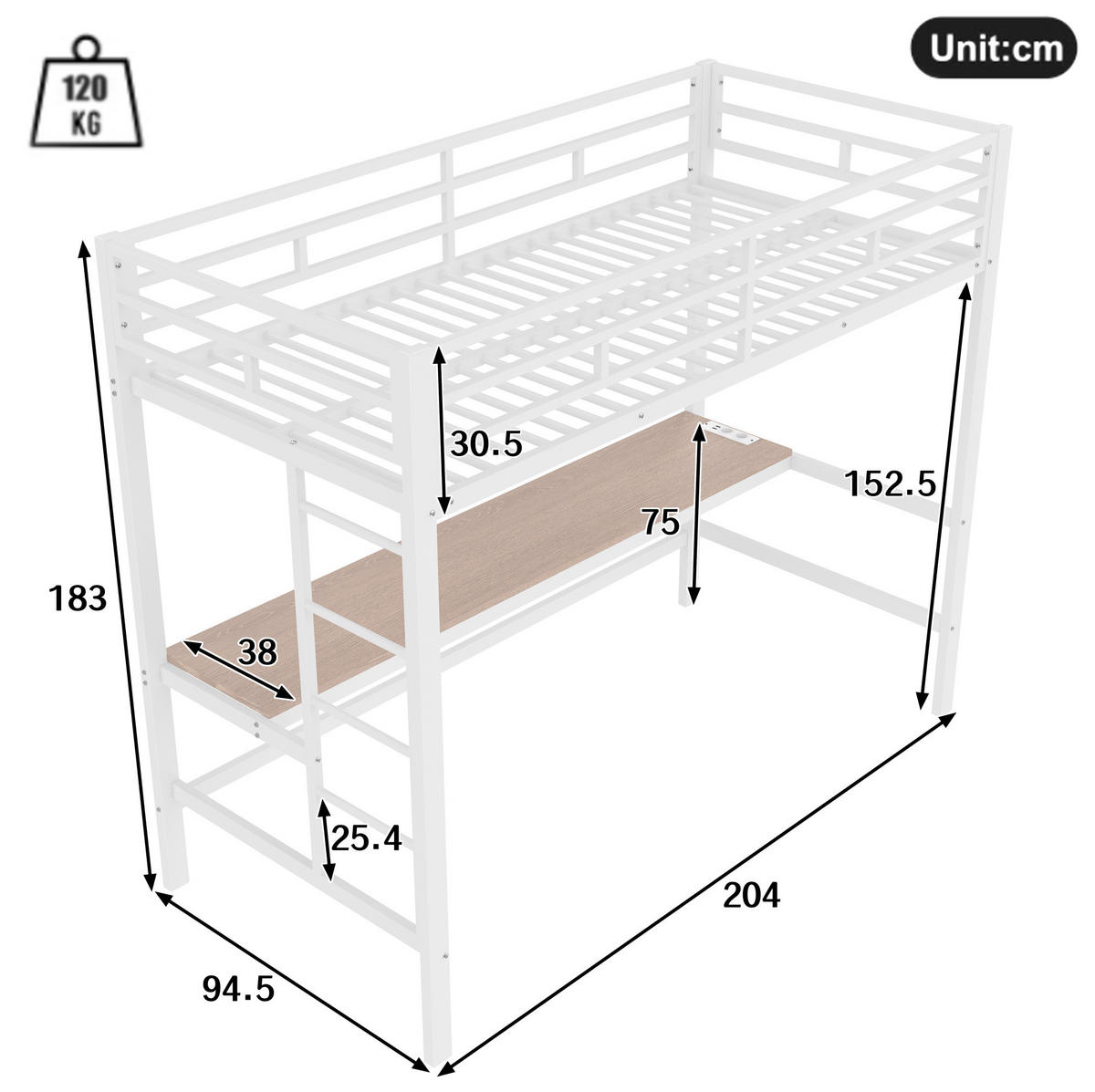 HOCHBETT mit Schreibtisch 90/200 cm in Weiß – mit LED-Lichtleiste und Leiter - Weiß, Metall (90/200cm) - BEAOK