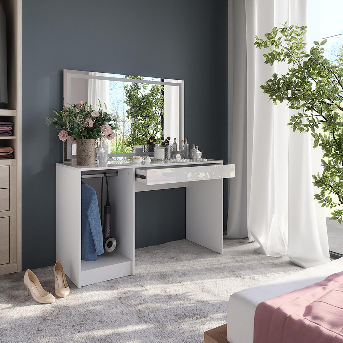 SCHMINKTISCH Sherry Weiß/Weiß Hochglanz 119.8 cm mit LED-Spiegel - Weiß Hochglanz, Holzwerkstoff (119.8/76/50.1cm) - Vicco