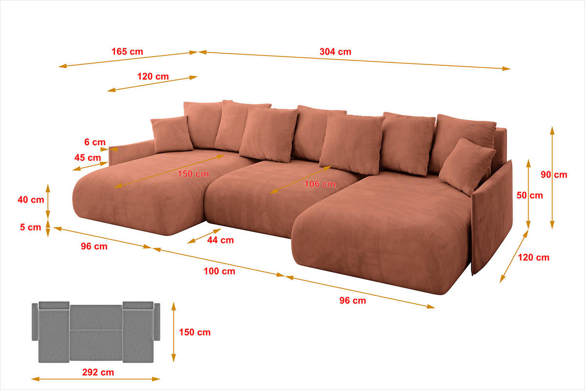 WOHNLANDSCHAFT mit Schlaffunktion und Bettkasten ONESK-U-v1 304x165x40 Apricot Velours - Koralle, Holzwerkstoff/Kunststoff (304/90/165cm) - ALTDECOR
