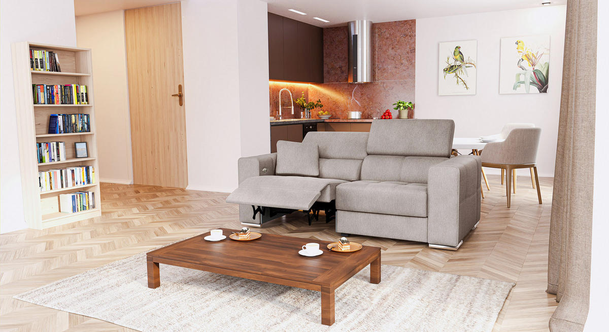 SOFA QUARTZ 3-Sitzer mit 1 Relaxfunktion, beige - Beige/Silberfarben, Holzwerkstoff/Textil (204/80/102cm) - Courtois Laville