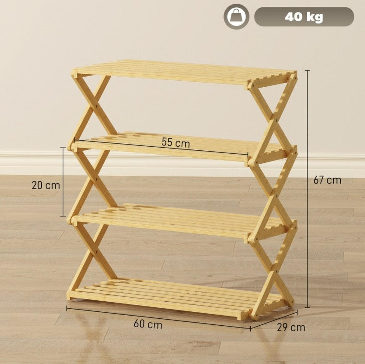 SCHUHREGAL aus Bambus 60x29x67 cm Natur klappbar, 4 Ebenen und bis zu 12 Paar Schuhe - Naturfarben, Naturmaterialen (60/67/29cm) - Modfu