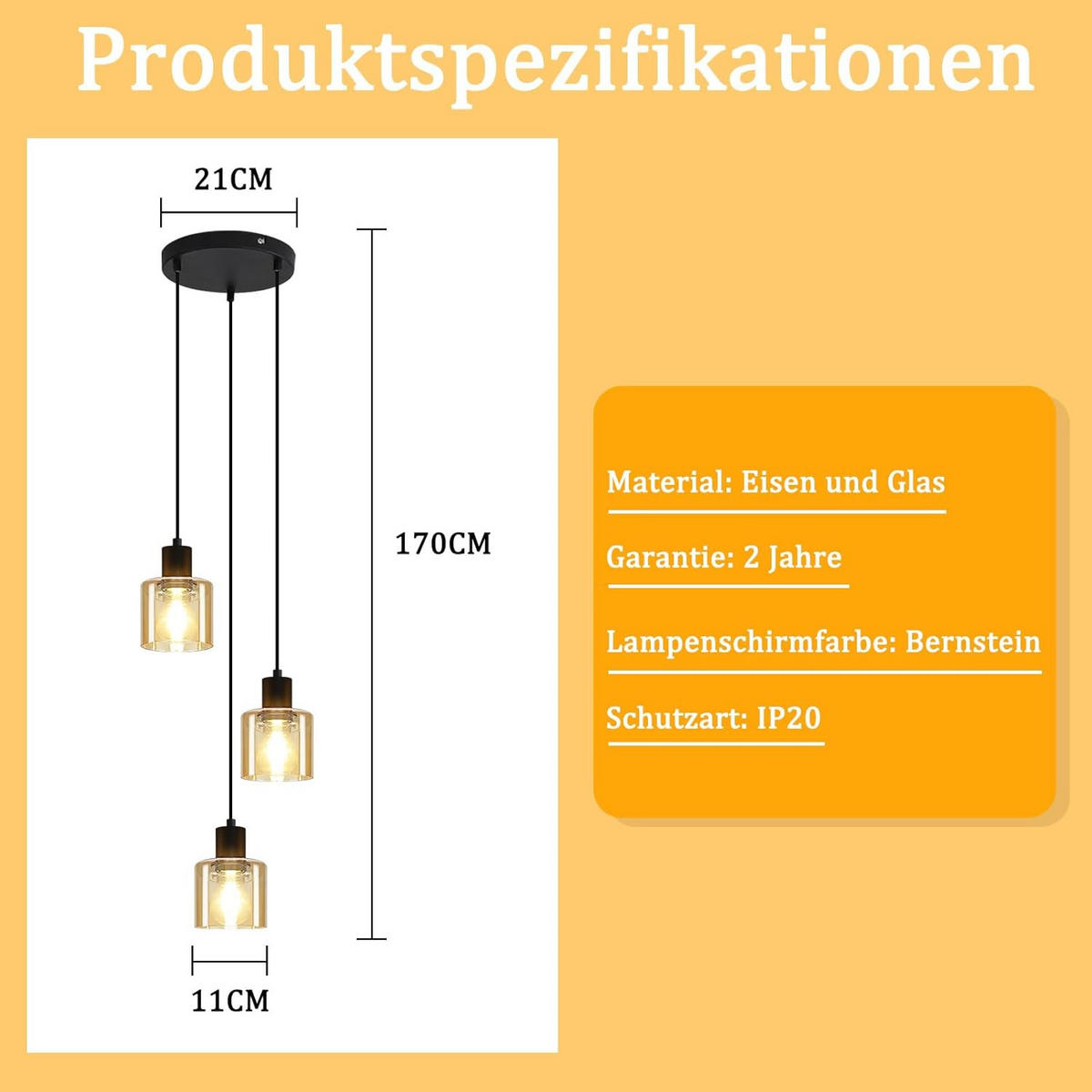 PENDELLEUCHTE Henry 21/11/170 cm - Bernsteinfarben, Metall (21/11/170cm) - ZMH