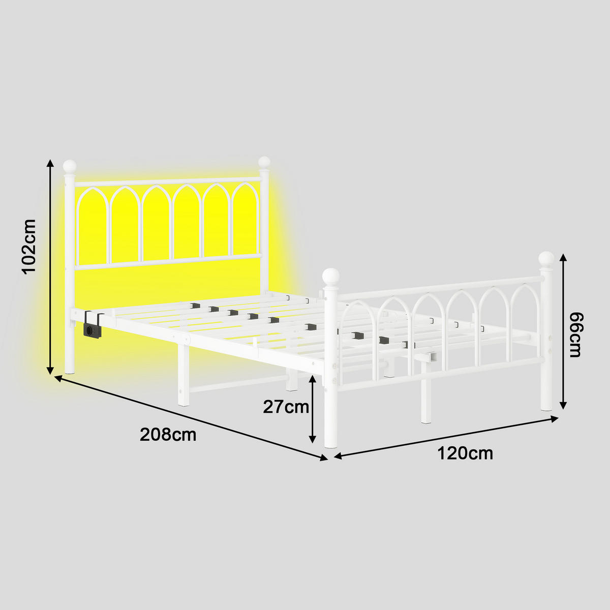 METALLBETT 120/200 cm in Weiß mit LED, USB und Steckdose - Weiß, Holzwerkstoff/Metall (120/200cm) - WISHDOR