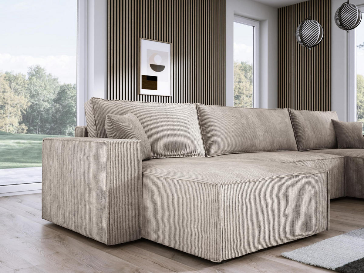ECKSOFA Poso XXL U-förm, Schlaffunktion, weiche Kissen, Bettkasten, hochwertige Polsterung, lose Rückenkissen, freistehend, 377x143x83 cm Beige - Beige, Holz/Textil (377/83/143cm) - DomoHome