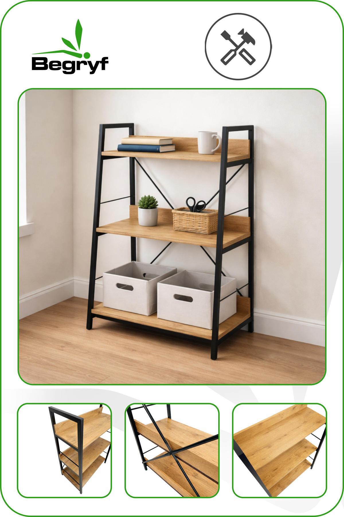 STANDREGAL Holzoptik Metall Eichefarben Schwarz 3 Ebenen 61x35x84 cm - Eichefarben/Schwarz, Holzwerkstoff/Metall (61/84/35cm) - Begryf