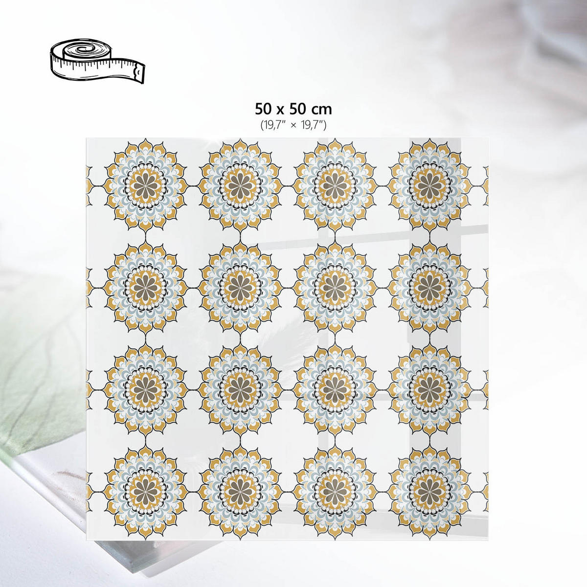 TISCHPLATTE 50x50 cm – Geometrische Blumen - Grün, Glas (50/50/0.4cm) - Wallfluent