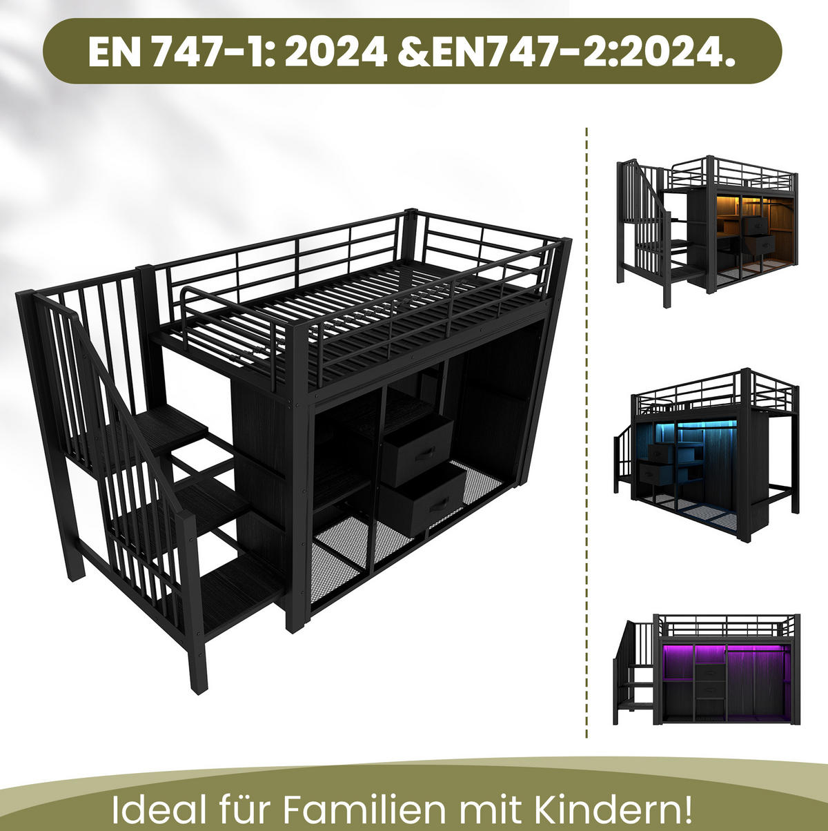 HOCHBETT 90/200 cm aus Metall und MDF mit LED-Beleuchtung und offenem Kleiderschrank Schwarz - Schwarz, Metall (90/200cm) - Modenvie