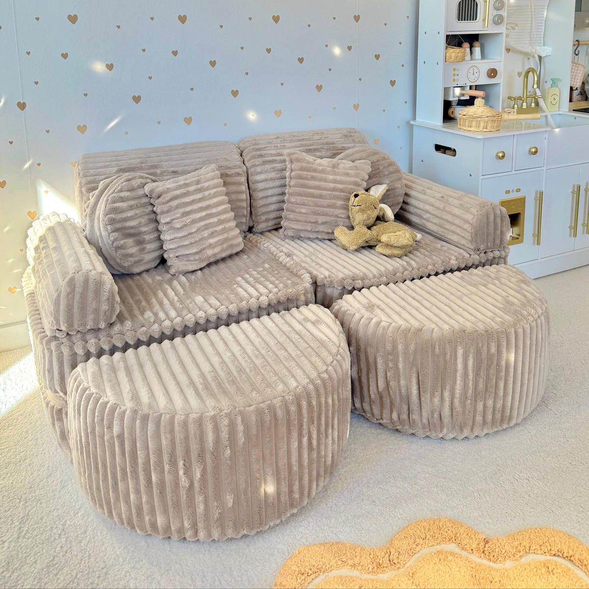 KINDERSOFA Pocket Max modular 12-tlg. aus Plüschcord in Kieselbeige - Trüffeleichefarben, Textil (120/25/60cm) - MeowBaby