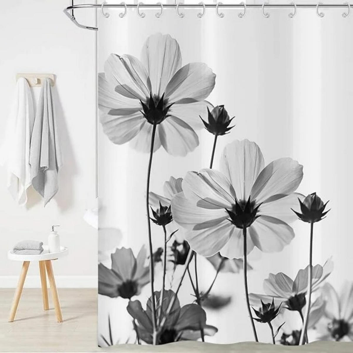 DUSCHVORHANG Grau Blumen Design wasserdicht Stoff waschbar mit Haken - Weiß, Textil (180/180cm) - MCBOSON