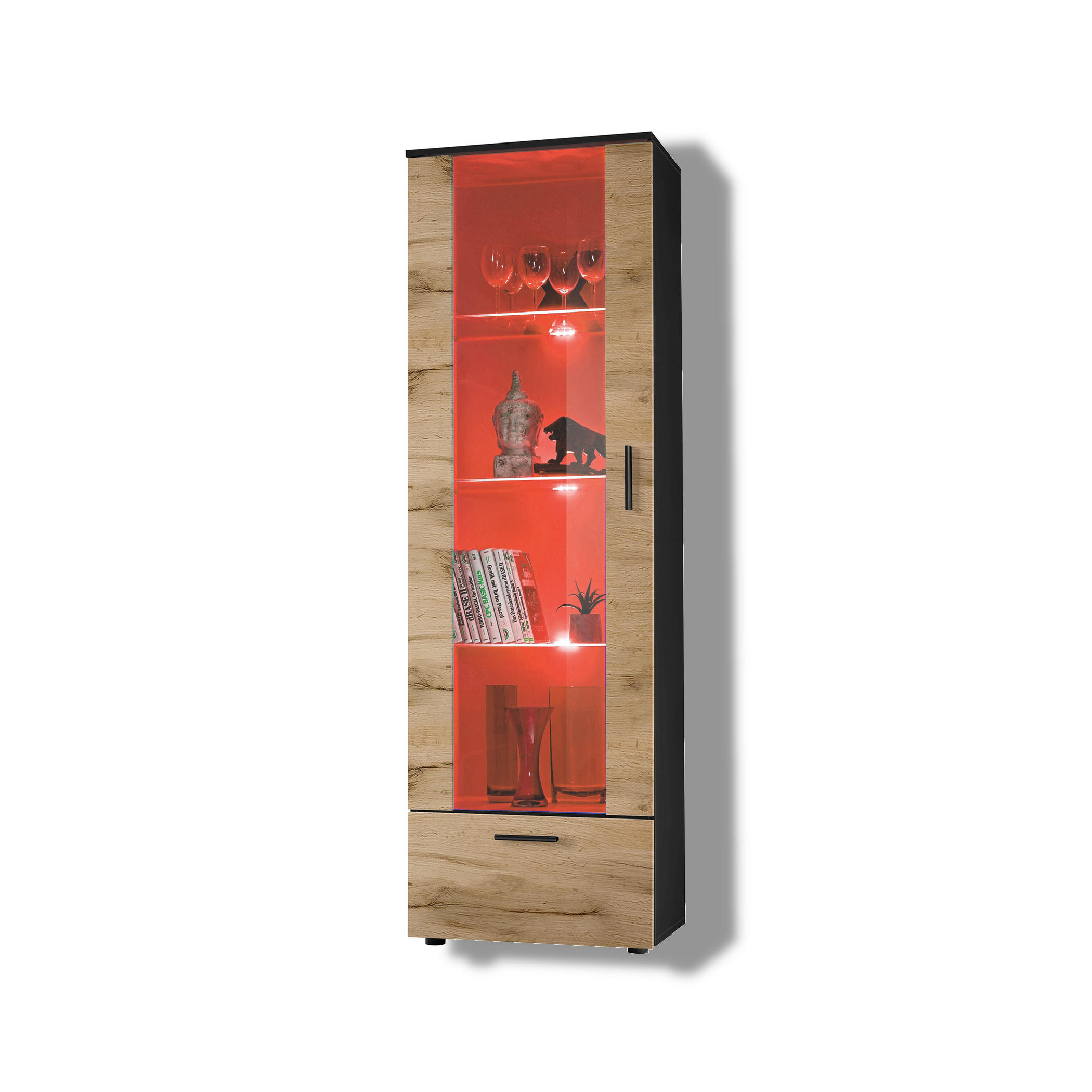 VITRINE ALESSANDRIA, Weiss, LED Mehrfarbige - Schwarz/Weiß, Glas/Holzwerkstoff (60/192/42cm) - Komodee