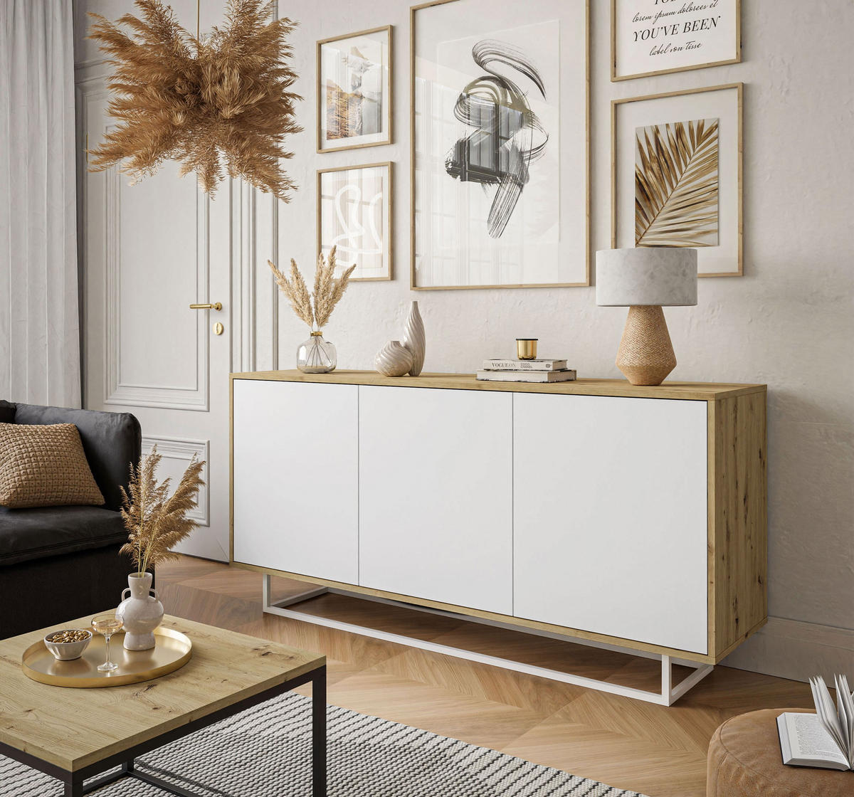 KOMMODE SANAYI II Eiche Artisan/Weiß auf weißem Gestell - Weiß, Holzwerkstoff (153.9/75/39.6cm) - Lookway