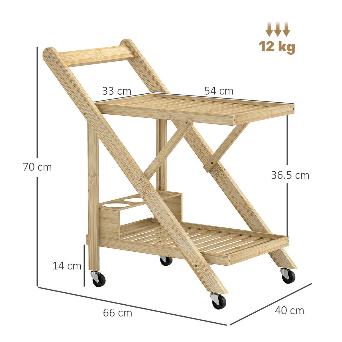 KÜCHENWAGEN Mit Integriertem Weinregal, KLAPPBARER KÜCHENWAGEN, Für Küche Und Esszimmer - Naturfarben, Holzwerkstoff (40/70/66cm) - Rolipo